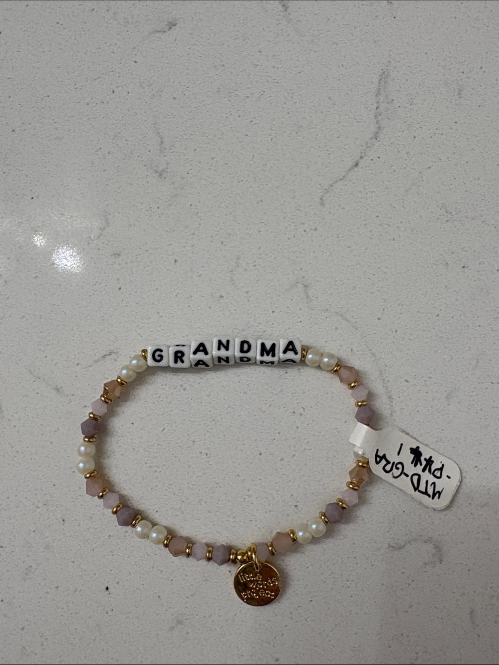 Little Word Project “Grandma” Beaded  Bracelet in Pink & Pearl faux beads
